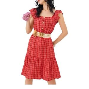 MONTEAU NWOT Coastal Cowgirl Red & White Gingham Tiered Prairie Dress Size XS